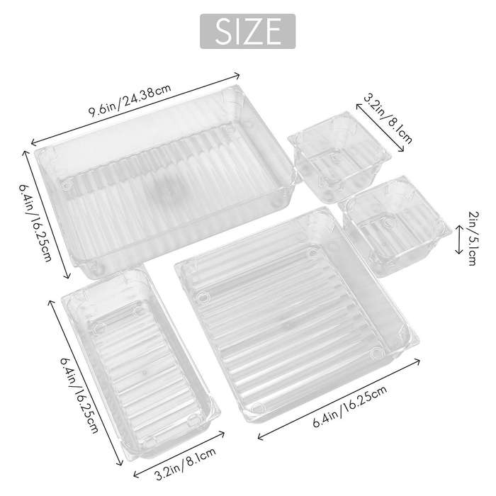 14 Desk Drawer Organiser Trays, Clear Drawer Dividers Makeup Cosmetic Organizers for Bedroom Kitche
