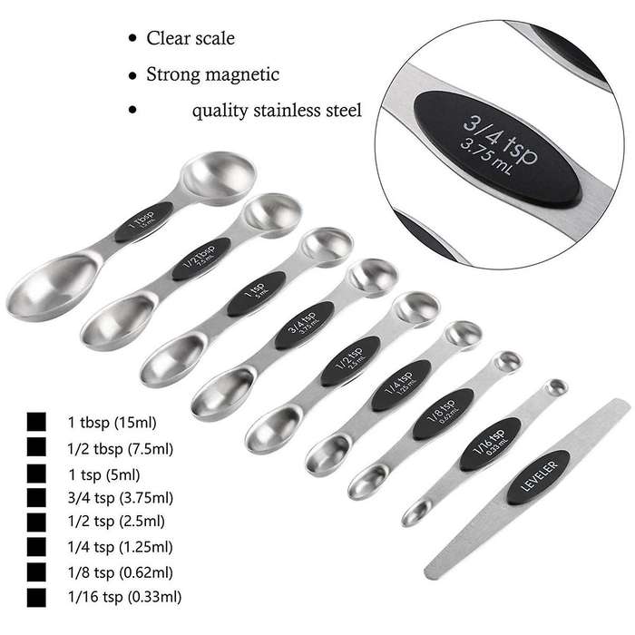 16Pc Magnetic Stainless Steel Measuring Cups & Spoons Set, 7 Heavy Duty Cups,8 Double Sided Spoons w