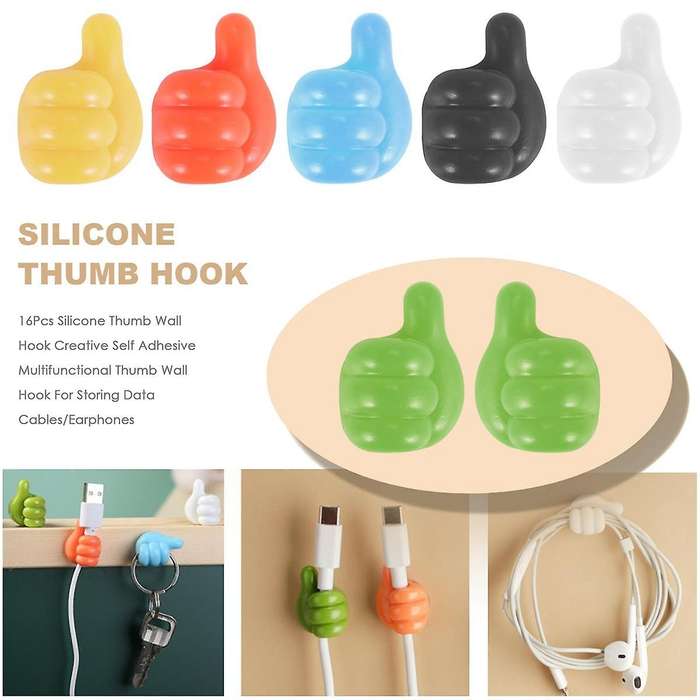 16pcs Silicone Thumb Wall Hook Self Adhesive Multifunctional Thumb Wall Hook for Storing Data Cable