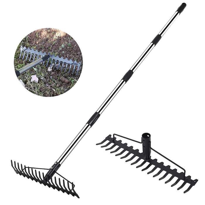 17 Steel Teeth Metal Head Rake Soil Scarifier with Stainless Steel Handle for Collecting Leaves and