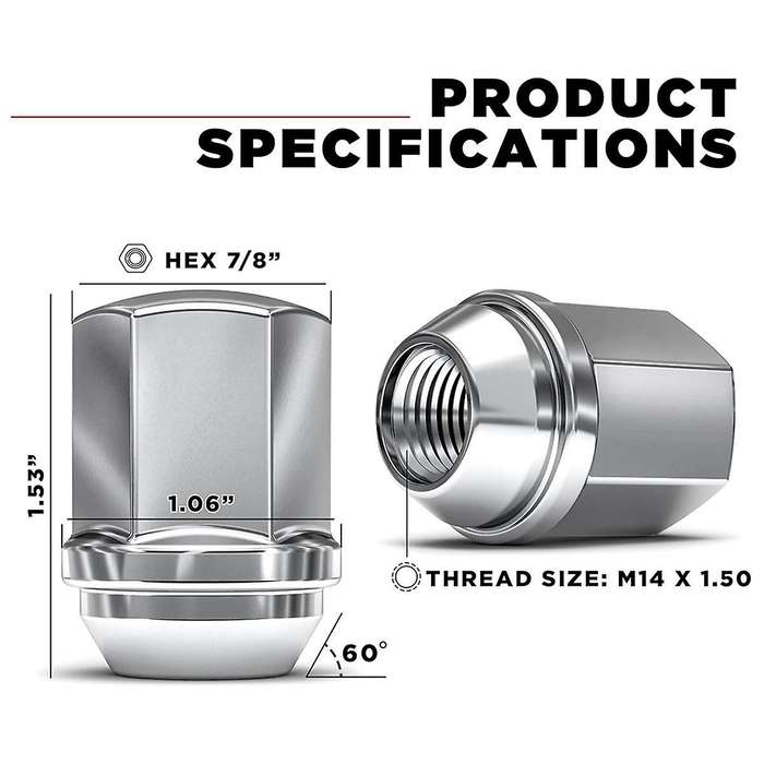 1709D-24AM Solid Piece Chrome M14x1.50 Duplex Bulge Lug Nut for Select ///Ram, 24 Pack