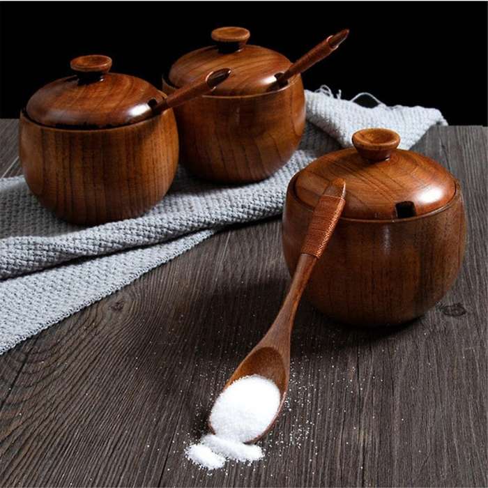 180Ml/6Oz Wooden Seasoning Jar with Lid and Spoon,Kitchen Retro Salt Shaker Sugar Seasoning Storage