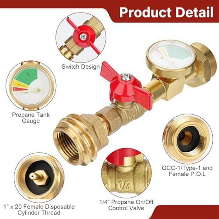 1lb Propane Tank Adapter, 20lb to 1lb Converter with Gauge and On/off Valve for 1lb/16.4oz Disposabl