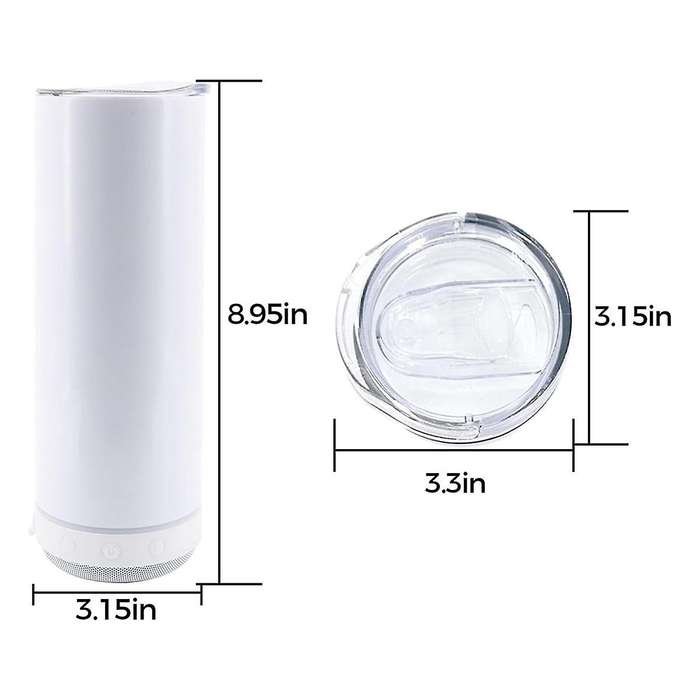 1-Pack 20 Oz Sublimated Blank Skinny Straight Cup Stainless Steel Dual Vacuum Bluetooth Speaker Musi