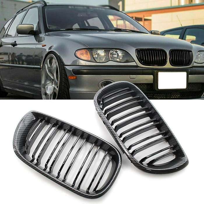 1Pair Car Carbon Gloss Black Dual Line Front Kidney Grilles for E46 4 Door 3 Series 2002-2005 Car Ac