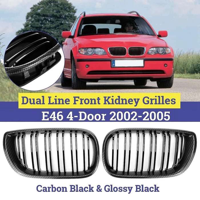 1Pair Car Carbon Gloss Black Dual Line Front Kidney Grilles for E46 4 Door 3 Series 2002-2005 Car Ac