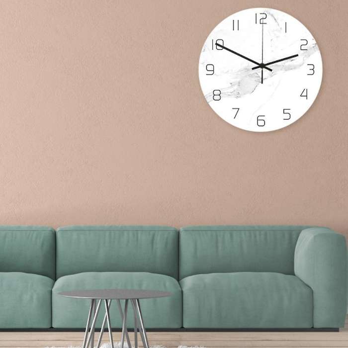 1Pc Wall Clock White Marble Grain UV Print Hanging Acrylic Round Clock Decorative Clock without Batt