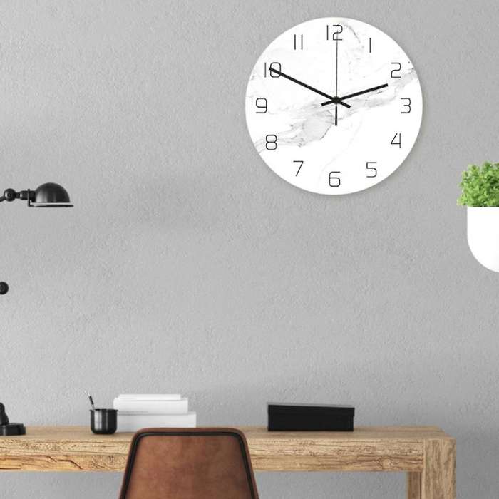 1Pc Wall Clock White Marble Grain UV Print Hanging Acrylic Round Clock Decorative Clock without Batt
