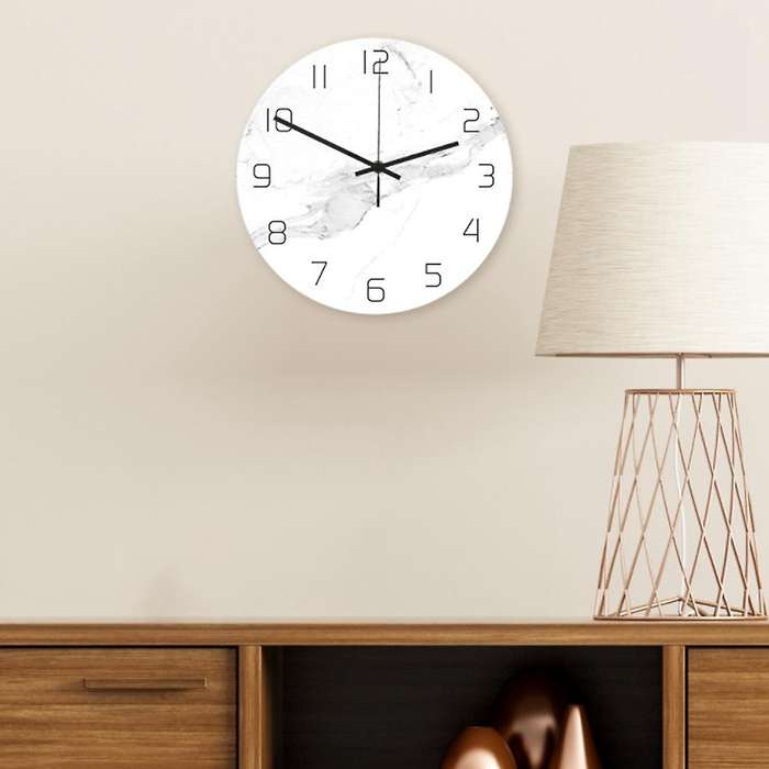 1Pc Wall Clock White Marble Grain UV Print Hanging Acrylic Round Clock Decorative Clock without Batt
