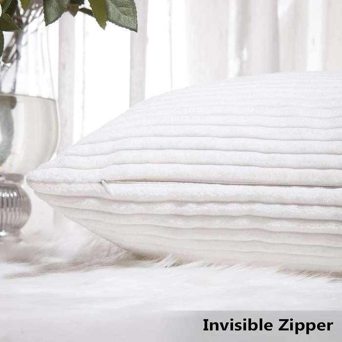 2 Decor Pillow Covers Striped Velvet Corduroy Decorative Throw Toss Cushion Cover for Sofa, Pure Wh
