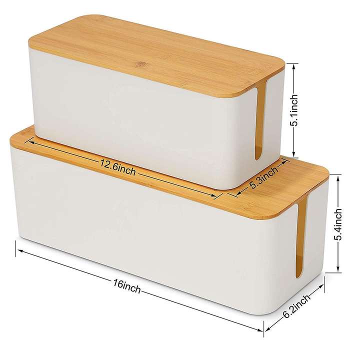 2 Cable Storage Box Large Box with Bamboo Lid for Messy Cables Wire Management