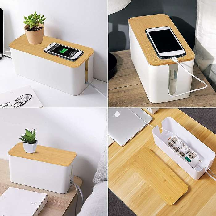 2 Cable Storage Box Large Box with Bamboo Lid for Messy Cables Wire Management
