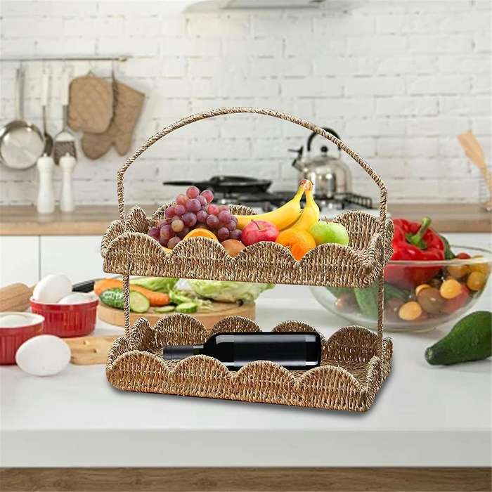 2 Layers Scalloped Basket Tray with Handle Rustic Decorative Woven Basket with Scalloped Edge Table