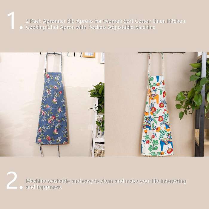 2 Pack Apronner Bib Aprons for Women Soft Cotton Linen Kitchen Cooking Chef Apron with Pockets Adju