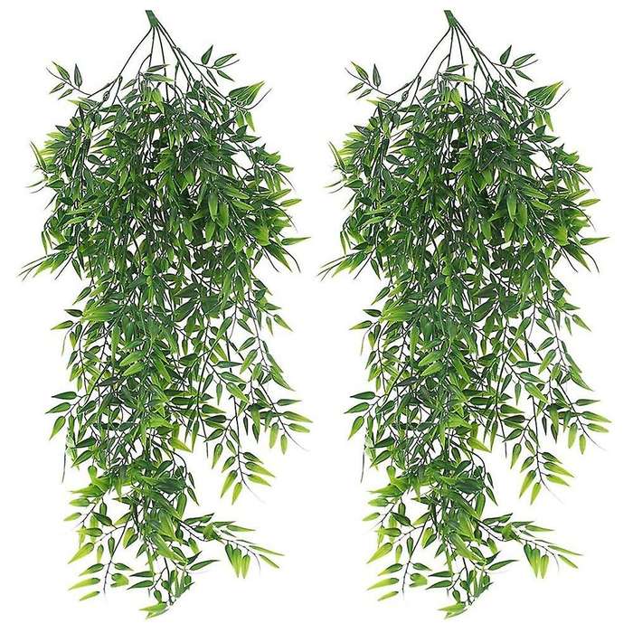 2 Pack Hanging Artificial Plants Bamboo Faux Hanging Bamboo Leaves Weeping Drooping Plant for Indoor