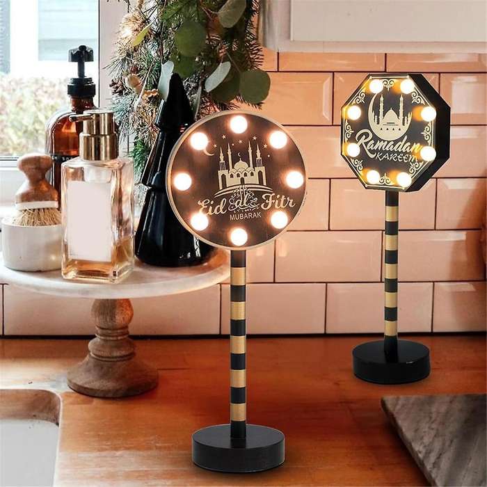 2 Pack Ramadan Decorations for Home, Wooden Ramadan Mubarak Table Centerpiece Lights, Eid Mubarak Cr