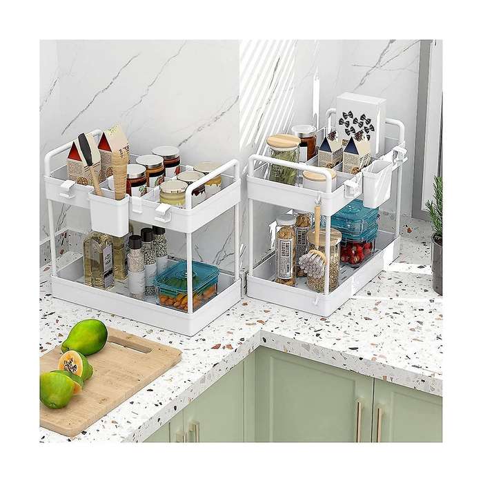 2 Pack Under Sink Organizers and Storage, 2 Tier Bathroom Organizer Under Sink with Handle Hanging