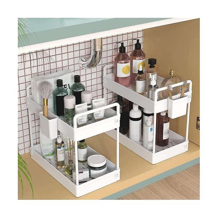 2 Pack Under Sink Organizers and Storage, 2 Tier Bathroom Organizer Under Sink with Handle Hanging