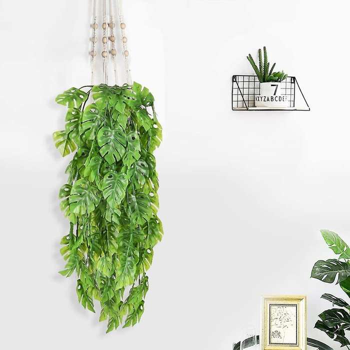 2 Pcs Artificial Hanging Plants Fake Vine Fake Hanging Rattan Monstera Leaves Greeny Outdoor Uv Res