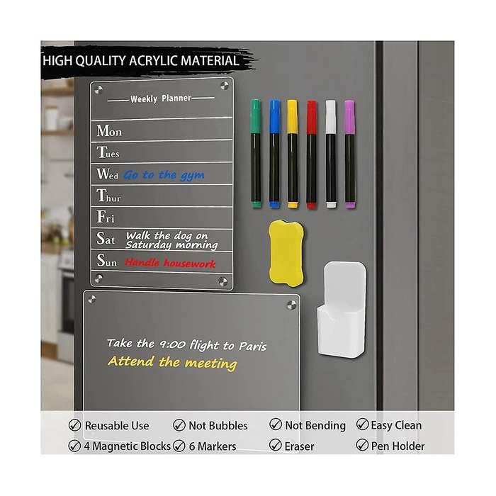 2 Pcs Clear Acrylic Dry Erase Board for Fridge, 12x8inch Magnetic Weekly Meal Planner, Kitchen Menu