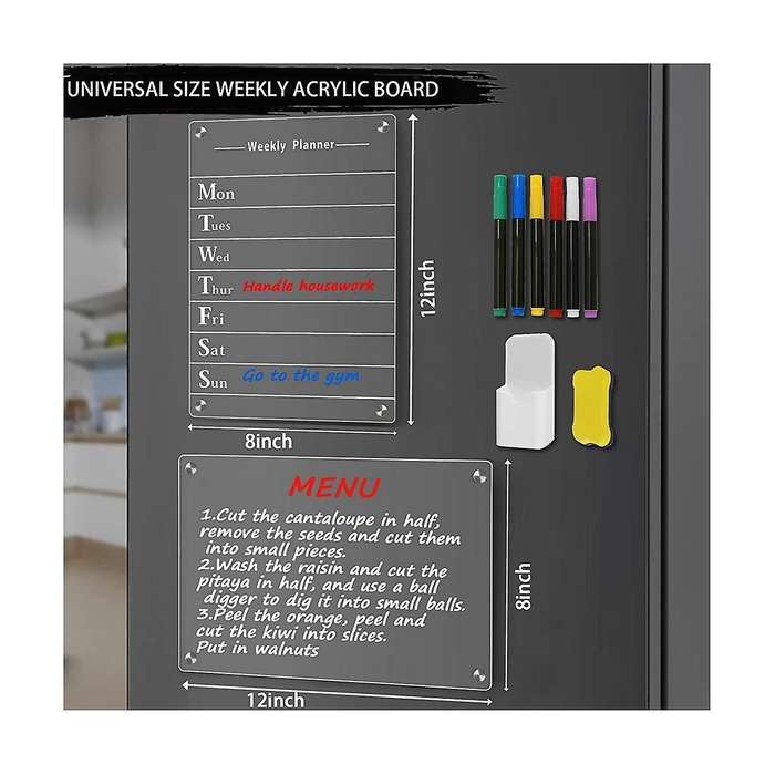 2 Pcs Clear Acrylic Dry Erase Board for Fridge, 12x8inch Magnetic Weekly Meal Planner, Kitchen Menu