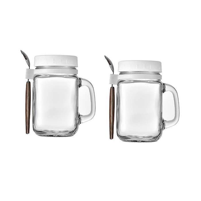 2 Pieces Glass Containers with Handle and Spoon, Glass Storage Jars , Reusable Leak-proof Cups For