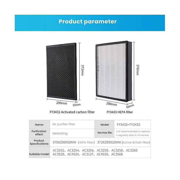 2 Sets Fy3432 Fy3433 Model Filter Replacement Hepa Activated Carbon Filter for Air Purifier Ac3252 A