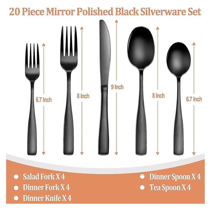 20 Pcs Black Silverware Set, Flatware Set for 5, Square Cutlery Set, Mirror Polished Tableware Eatin