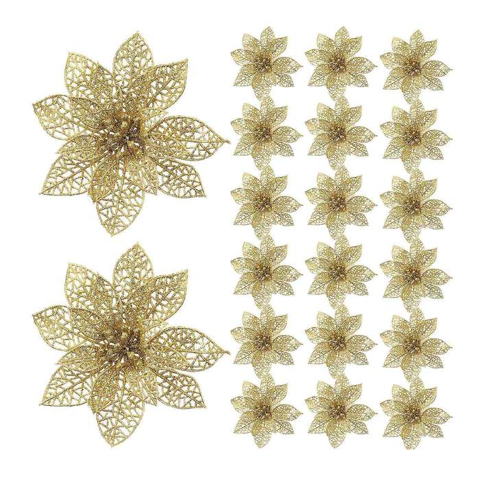 20 Pieces Glitter Christmas Tree Ornaments Artificial Wedding Christmas Poinsettia Flowers for Festi