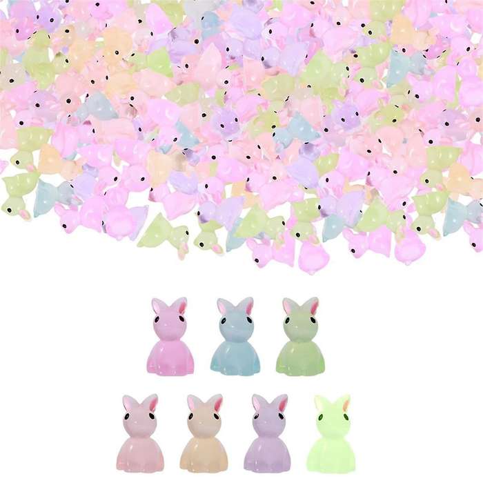 200PCS Mini Luminous Rabbit Luminous Mini Resin Bunny Miniature Rabbit Figurines Glow in the Miniat