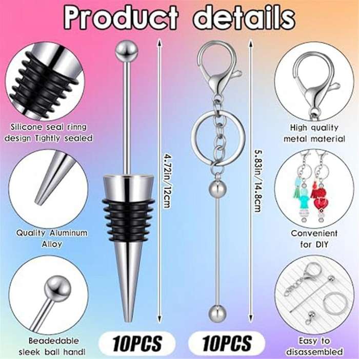 20pcs Beaded Key Chains Blank Beaded Wine Bottle Stopper Kit Diy Keychains for Crafts Making Gifts