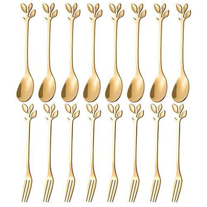 20PCS Dessert Spoon and Fork Set Cake Fork Coffee Spoon Fruit Fork Stainless Steel -Gold