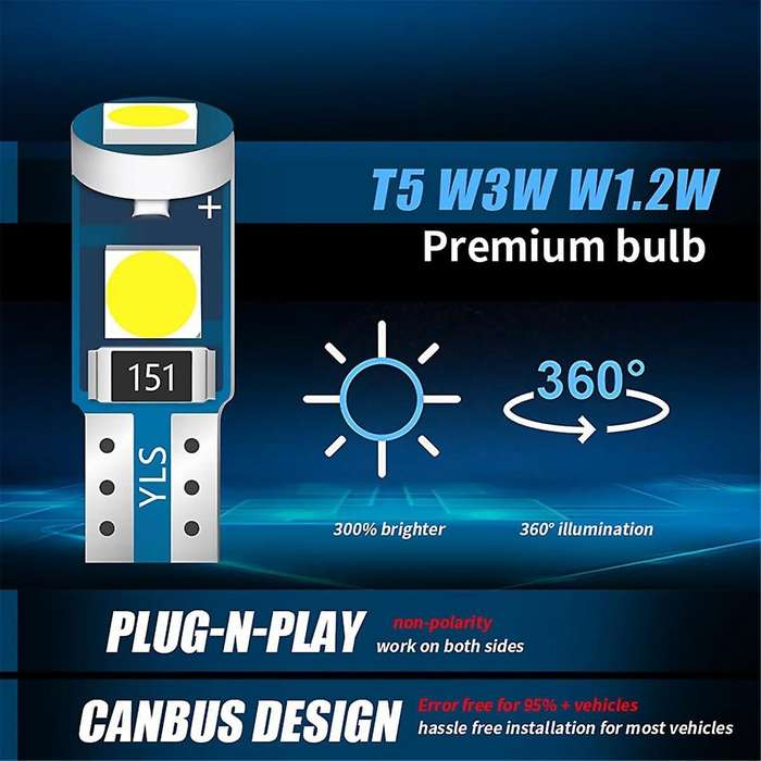 20pcs T5 Led Lights for Car Dashboard Panel Gauge Indicator, 3030-3smd Light Replacement with Twist