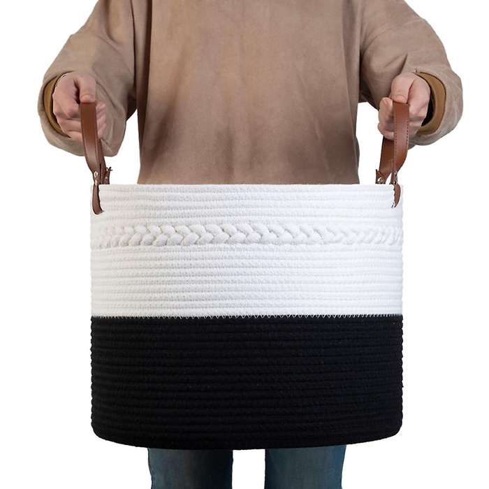 Cotton Rope Blanket Basket with Leather Handles Extra Large Nature Blanket Basket for Nursery Clothe
