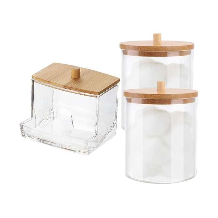 Cotton Swab Storage Box with Bamboo Lid Bathroom Container, Cotton Ball/swab Dispenser, Jar Storage