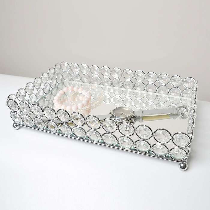 Crystal Rectangle Cosmetic Tray Jewelry Trinket Organizer Mirror Decorative Tray Perfume Skin Care