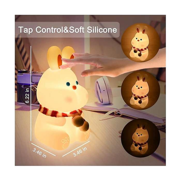 Cute Bunny Kids Night Light,7 Color Changing Tap Control Kawaii Lamp with Soft Silicone, , Usb Rech
