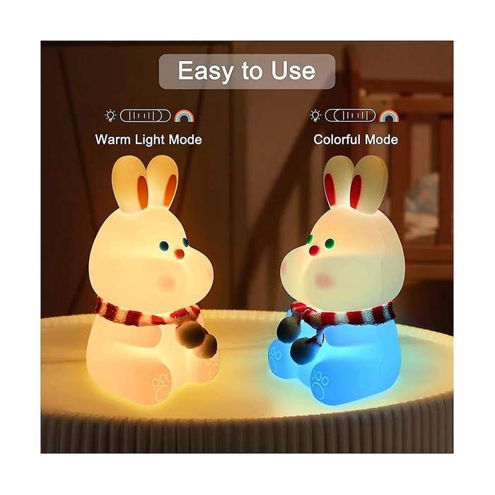 Cute Bunny Kids Night Light,7 Color Changing Tap Control Kawaii Lamp with Soft Silicone, , Usb Rech