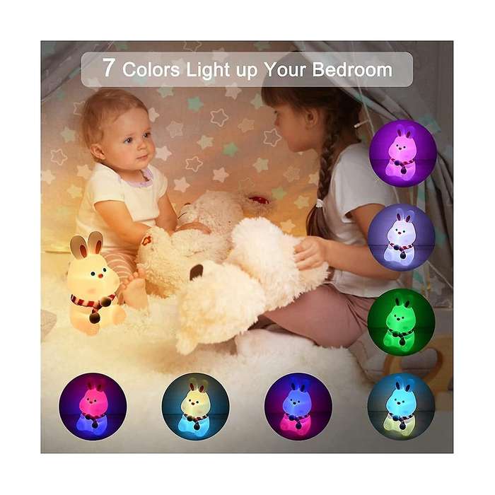 Cute Bunny Kids Night Light,7 Color Changing Tap Control Kawaii Lamp with Soft Silicone, , Usb Rech