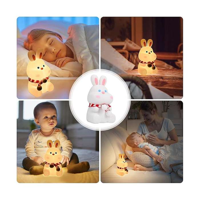 Cute Bunny Kids Night Light,7 Color Changing Tap Control Kawaii Lamp with Soft Silicone, , Usb Rech