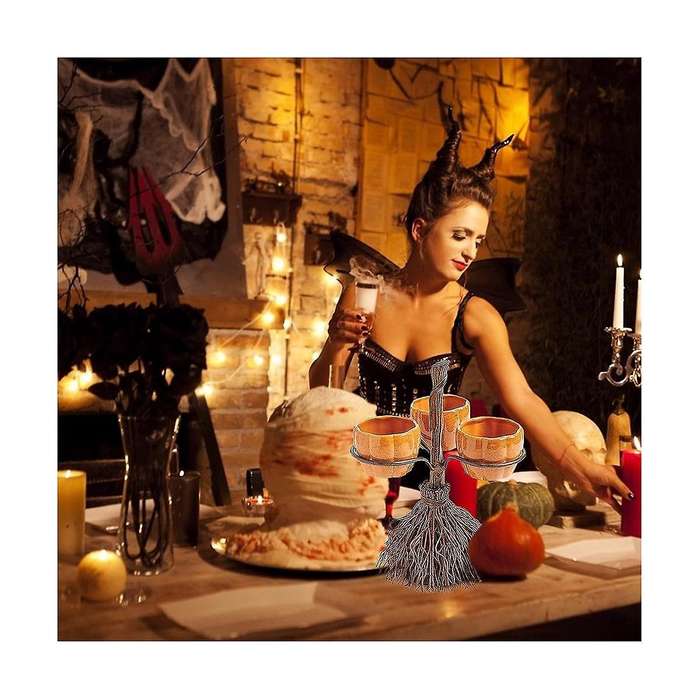 Cute Halloween Resin Pumpkin Bowls On Broom for Serving Fruit Salad Snacks Halloween Party Tabletop