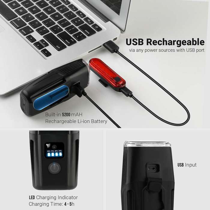 Cycling Bicycle Bike Light Set Ultra-Bright Waterproof Rechargeable Headlight with and Tail Light