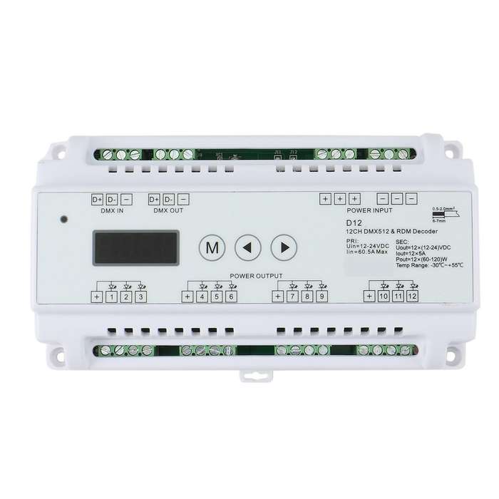 DC5V-36V Input 12 Channels CV DMX512 Decoder,5Ax12CH Output with Display for Setting DMX Address for