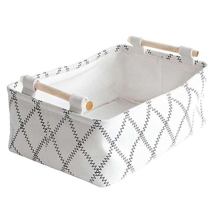 Decorative Storage Basket Bins - Foldable Fabric Gift Baskets Empty with Wooden Handles White Rectan