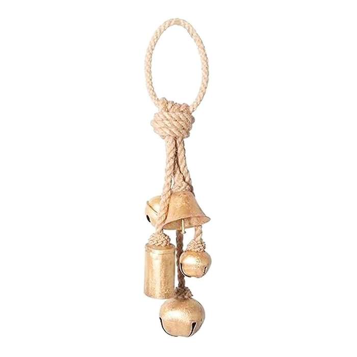Decorative Metal Bells In Various Shapes On Rope Hanger Wall Hanging, Gold, Christmas