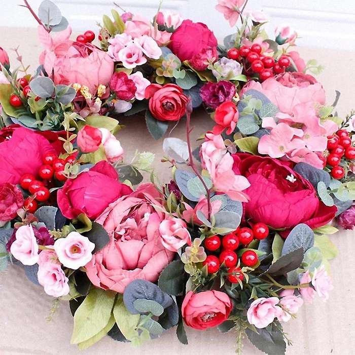 Decorative Door Wreath,Silk Flower Peony Head Flower Wreath 40cm Handmade Garland for Autumn Winter