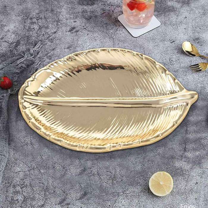 Decorative Gold Leaf Ceramic Plate Dish Porcelain Candy Trinket Dish