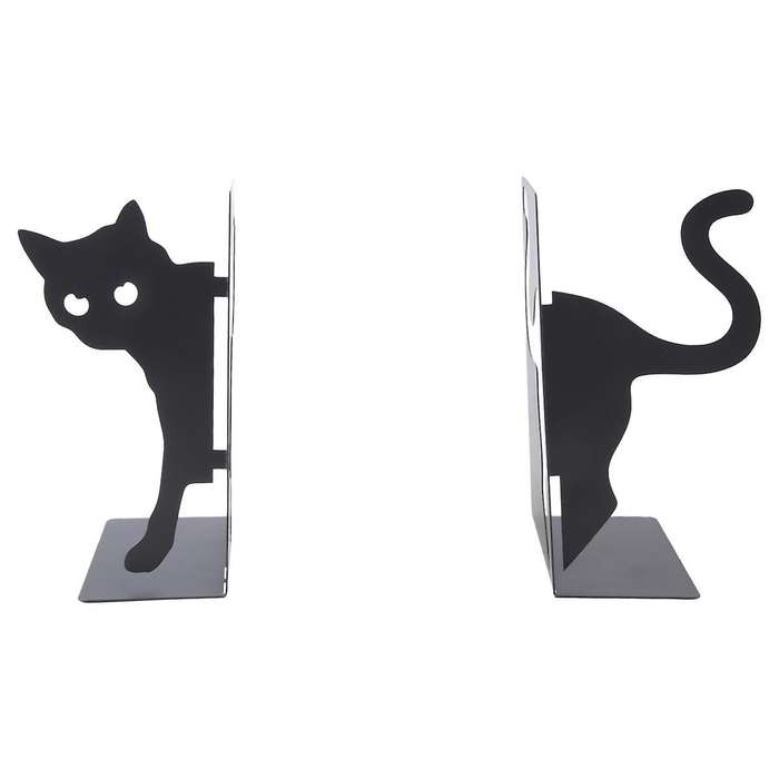 Design Cat Bookends - Metal Decorative Kitty Holders for Books, Magazines, Non-Slip Pads, Round Corn