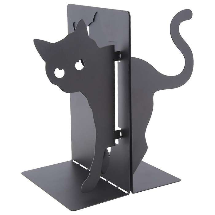 Design Cat Bookends - Metal Decorative Kitty Holders for Books, Magazines, Non-Slip Pads, Round Corn