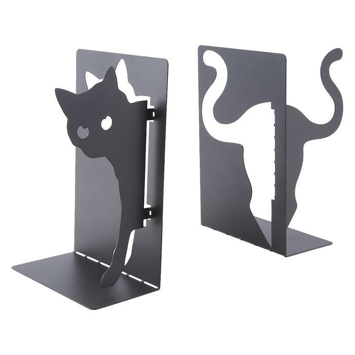 Design Cat Bookends - Metal Decorative Kitty Holders for Books, Magazines, Non-Slip Pads, Round Corn